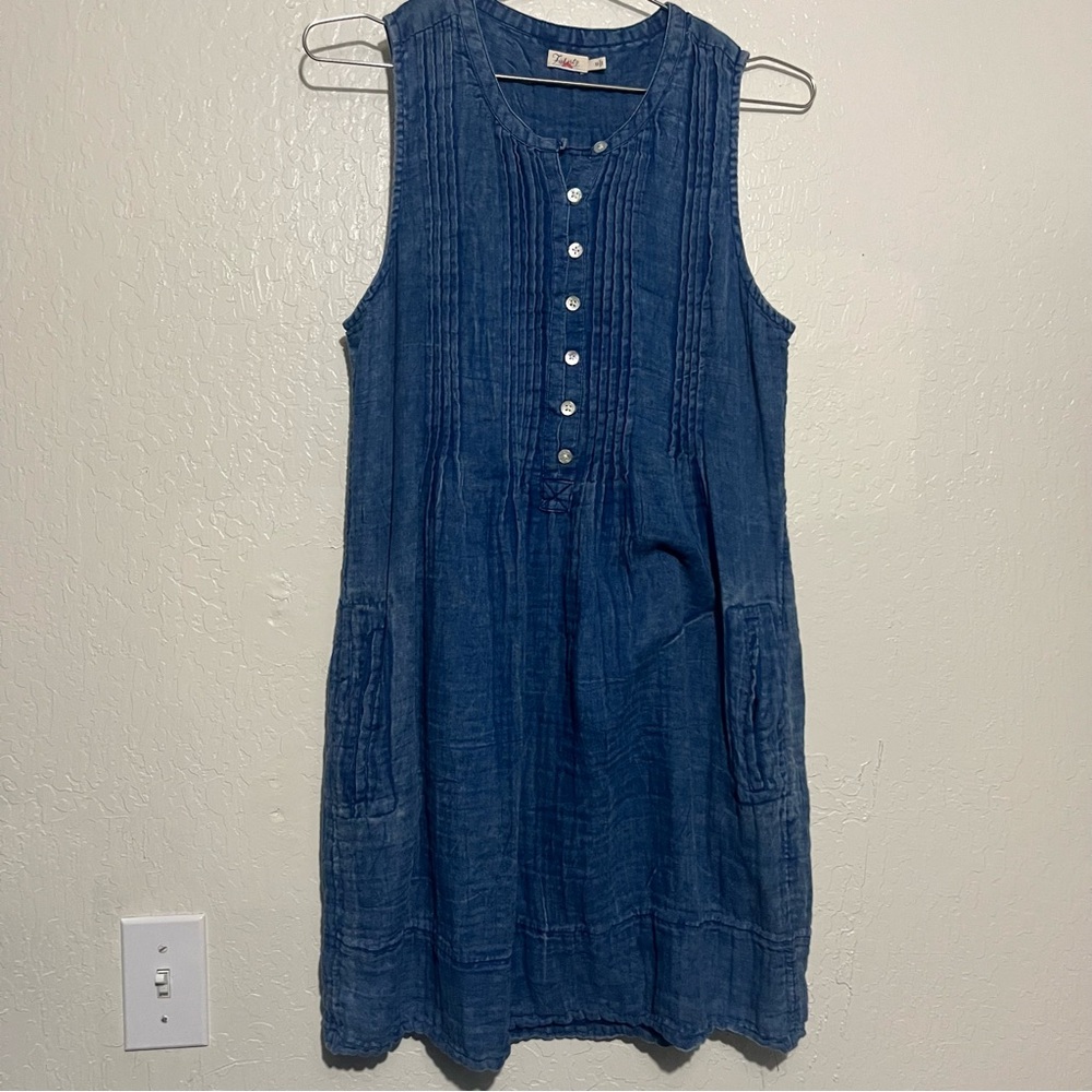 Blue Sleeveless Linen Blend Dress - Casual Pintuck Detail